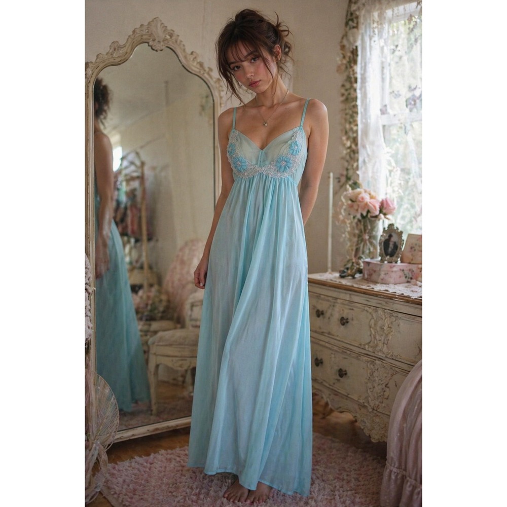Y2K Coquette Vintage Henson Kickernick Blue Slip Dress Lace Nightgown Maxi 32